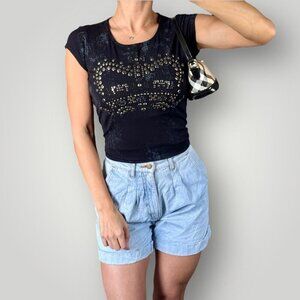 Rock & Republic Studded Crown Babydoll Tee Shirt Womens S Black Beaded Edgy Cute